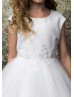 Pearl Neck White Satin Glitter Tulle Flower Girl Dress